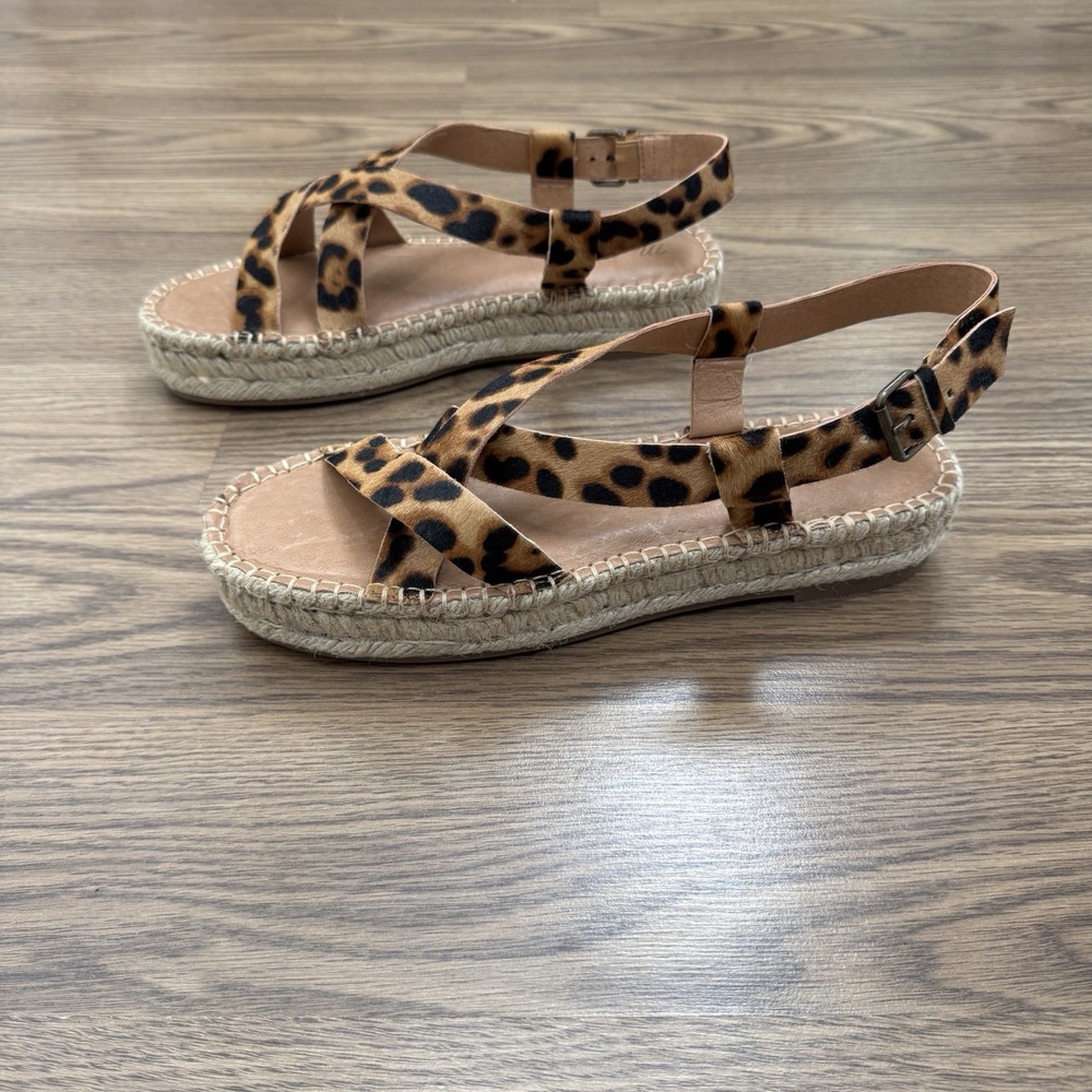 Madewell Sandals Womens 9 Brown Leather Espadrille Leopard Print Ankle Strap - Picture 4 of 13